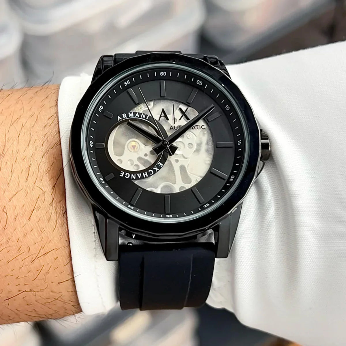 Premium Black Automatic Luxury Watch Open Heart Skeleton Dial Black Case Silicone Strap Modern Signature Luxury Watch – Men