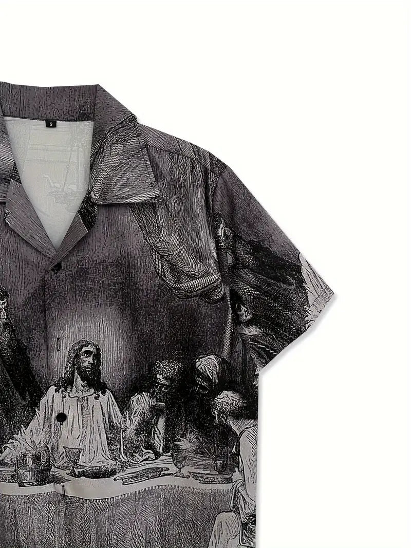 Men's Casual Last Supper Print Button-Up Shirt