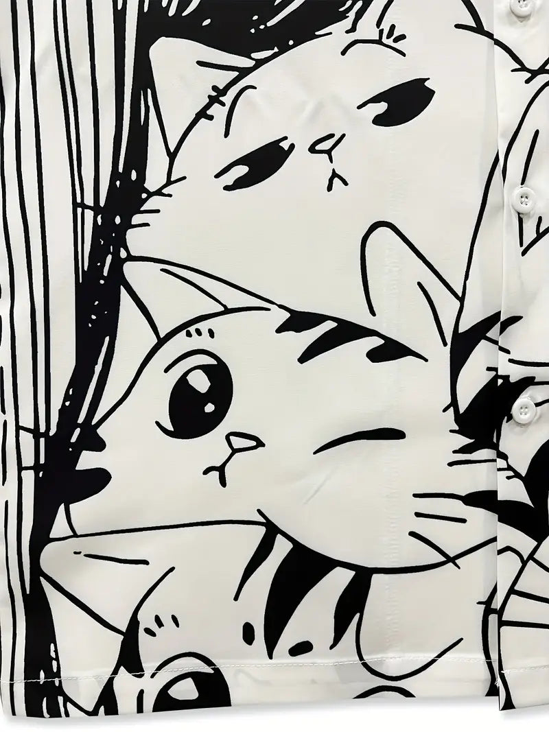 Men'S Casual Shirt with Cute Cat Printed Shirt