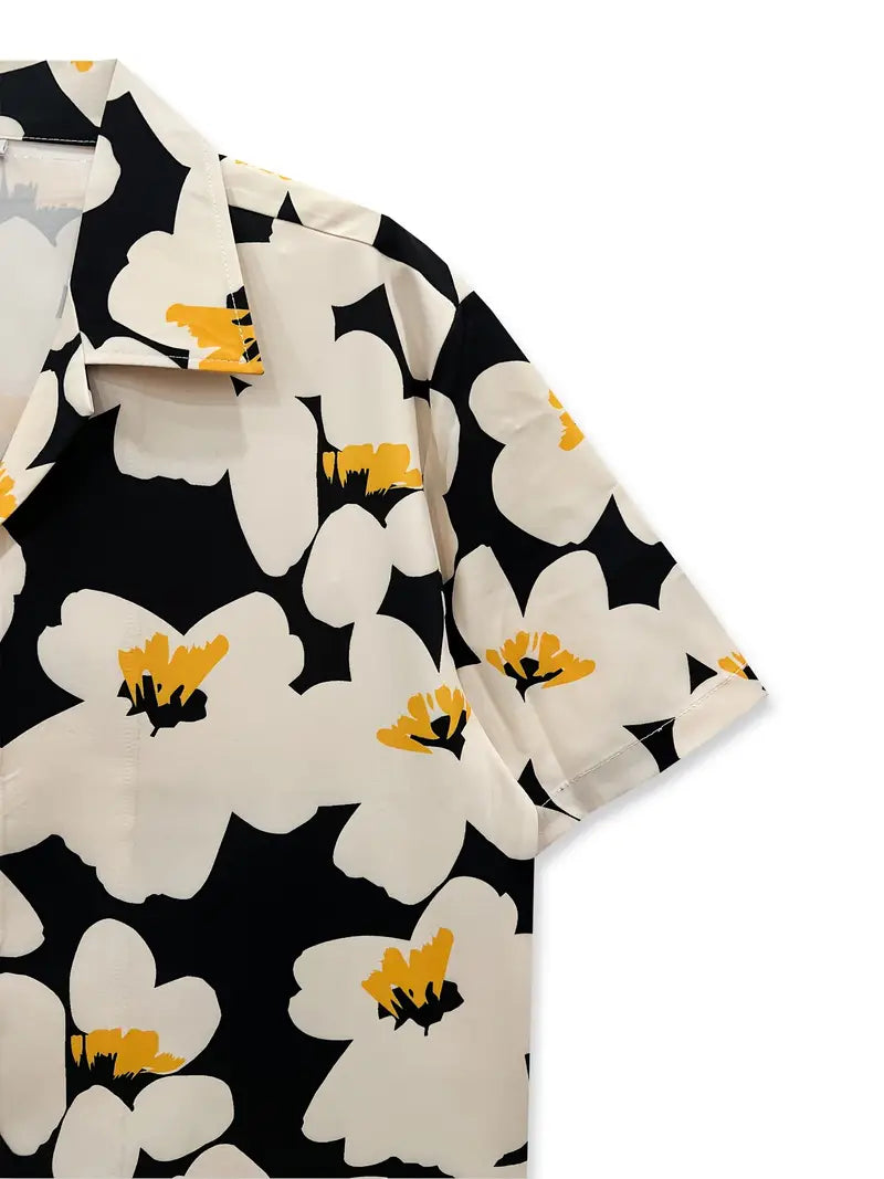 Men's Casual Black & White Flowers Print Shirt