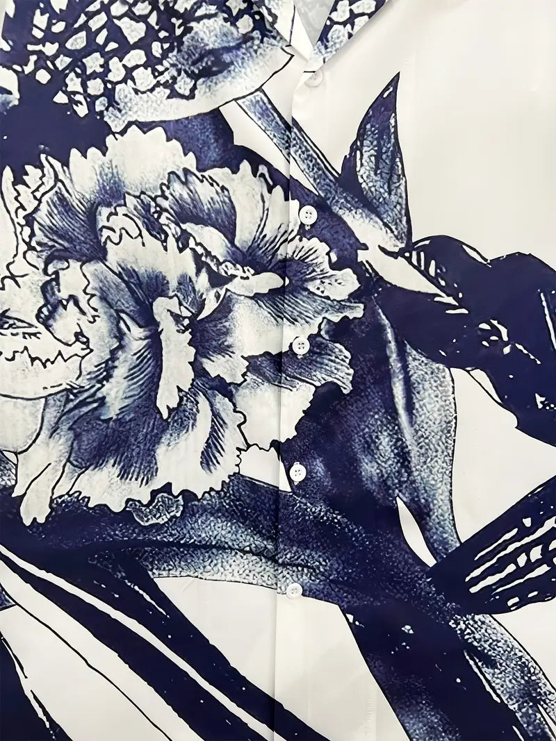 Men's Casual Blue Hawaiian Floral Print Shirt