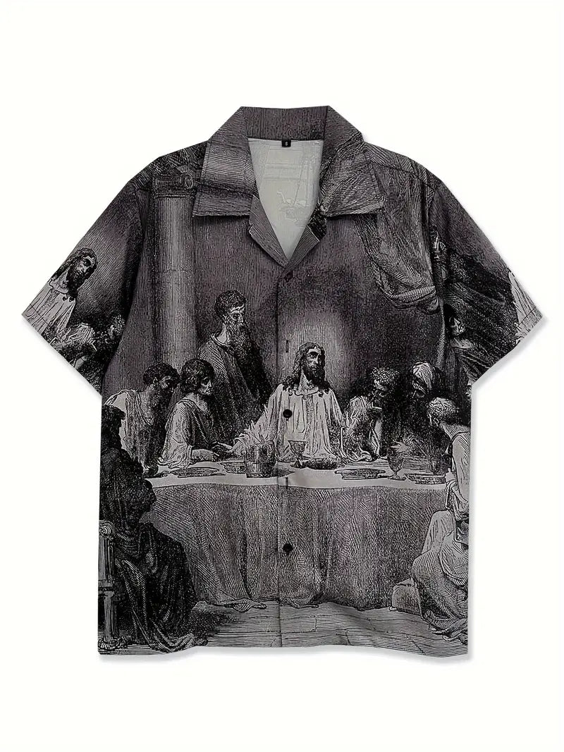 Men's Casual Last Supper Print Button-Up Shirt