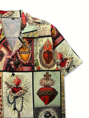 Men's Casual Love & Cross Print Button Shirt