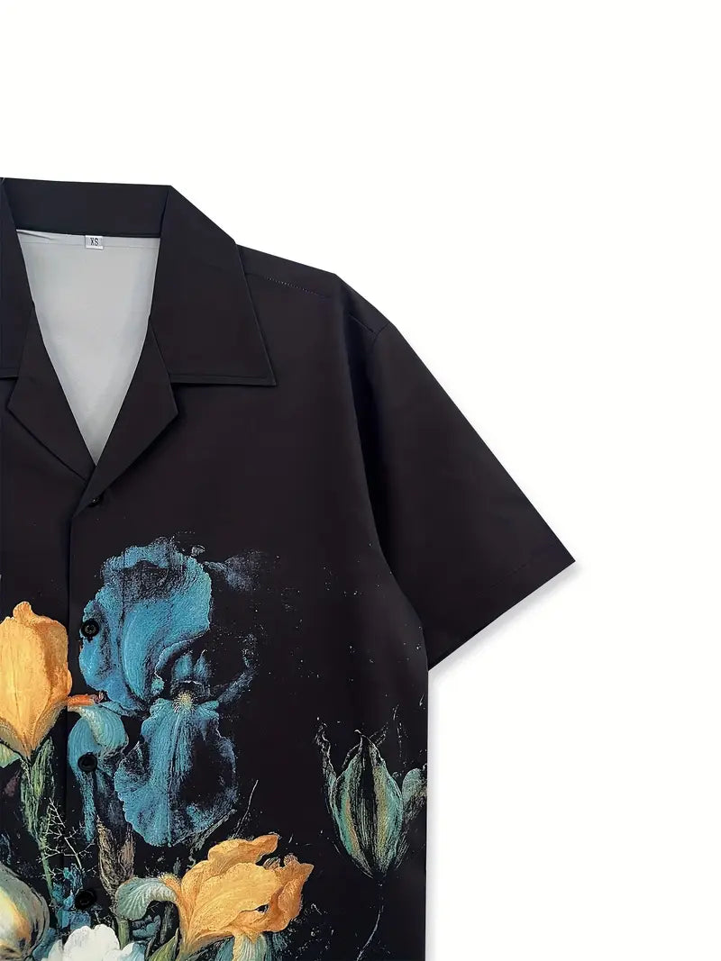 Men's Black Floral Oil Painting Style Casual Shirt
