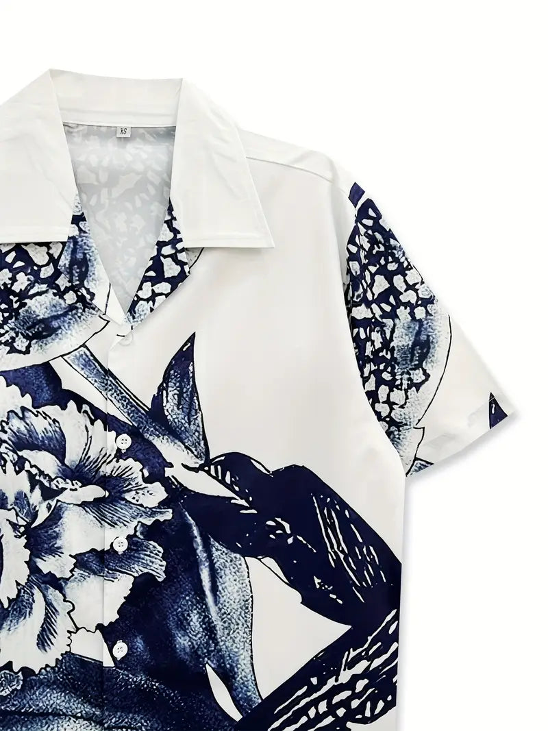 Men's Casual Blue Floral Print Shirt