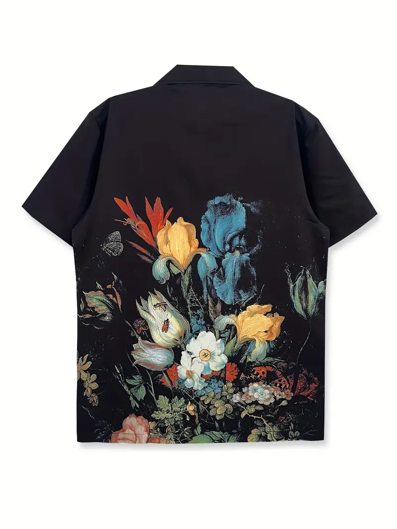 Men's Black Floral Oil Painting Style Casual Shirt