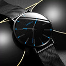 Men’s Ultra-Slim Black Mesh Strap Watch with Blue Accent Markers