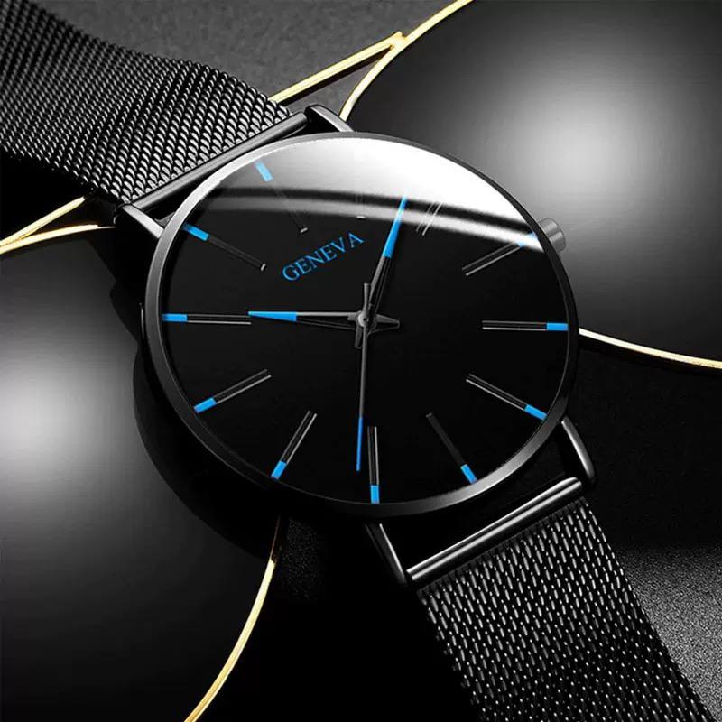 Men’s Ultra-Slim Black Mesh Strap Watch with Blue Accent Markers