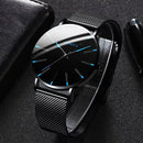 Men’s Ultra-Slim Black Mesh Strap Watch with Blue Accent Markers