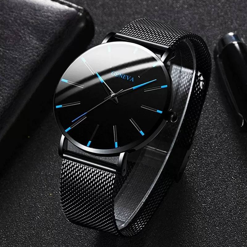 Men’s Ultra-Slim Black Mesh Strap Watch with Blue Accent Markers