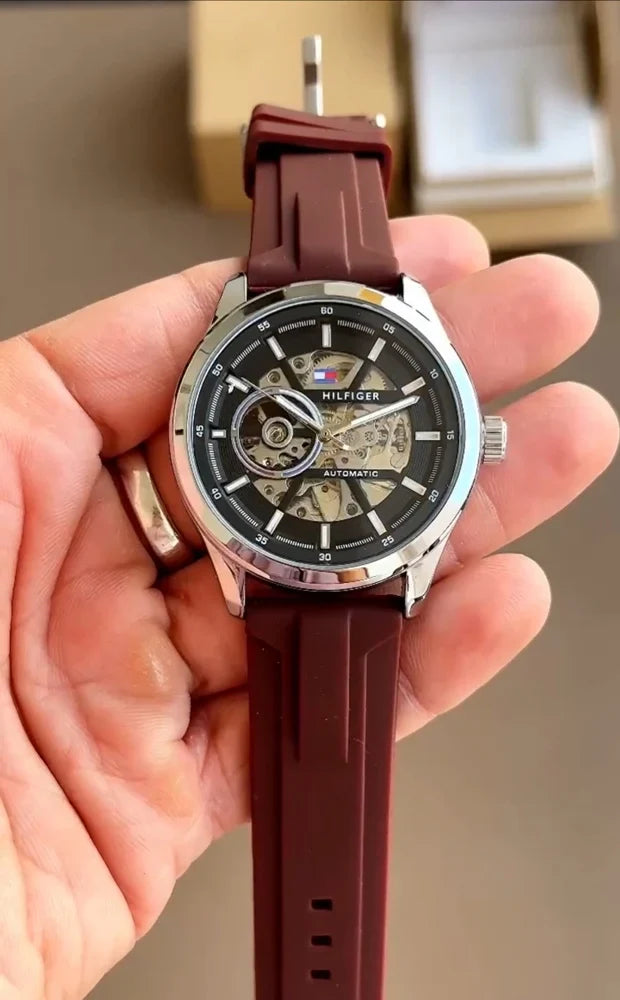 Premium Silver Stainless Steel Automatic Skeleton Watch Black Dial Brown Silicone Strap Sport Luxury Watch – Men