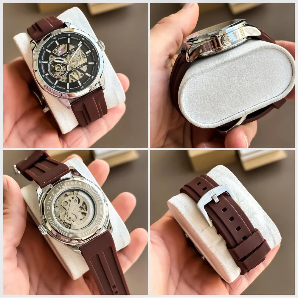 Premium Silver Stainless Steel Automatic Skeleton Watch Black Dial Brown Silicone Strap Sport Luxury Watch – Men